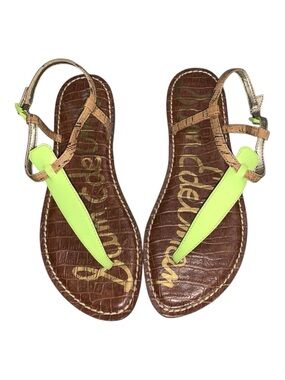 Sam Edelman Brown Faux-Croc Sandals with Neon Green T-Strap